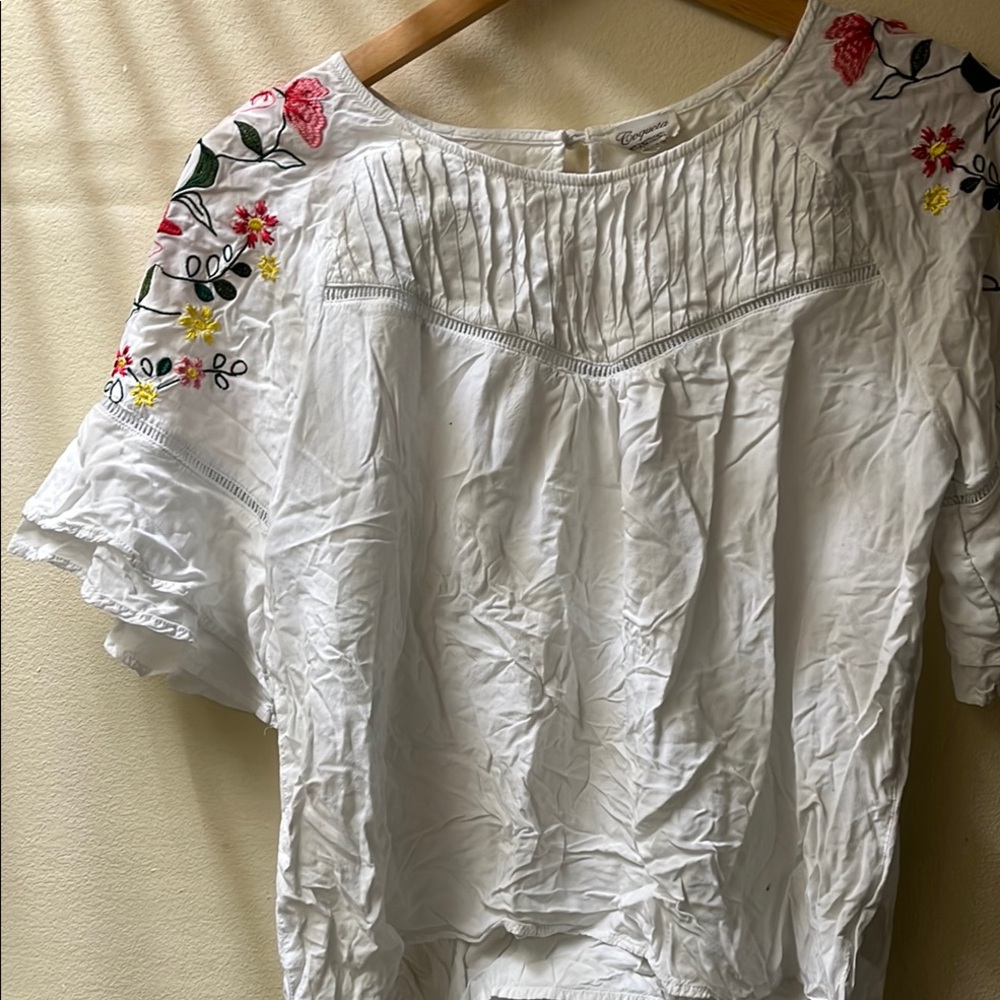 White Flutter Sleeve Blouse with Pink Embellishments